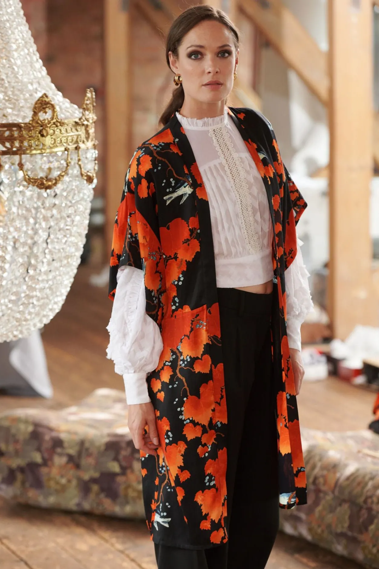 Women One Hundred Stars Acer Black Midi Kimono