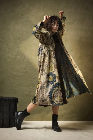 Women One Hundred Stars Dhurrie Taupe Velvet Duster Coat