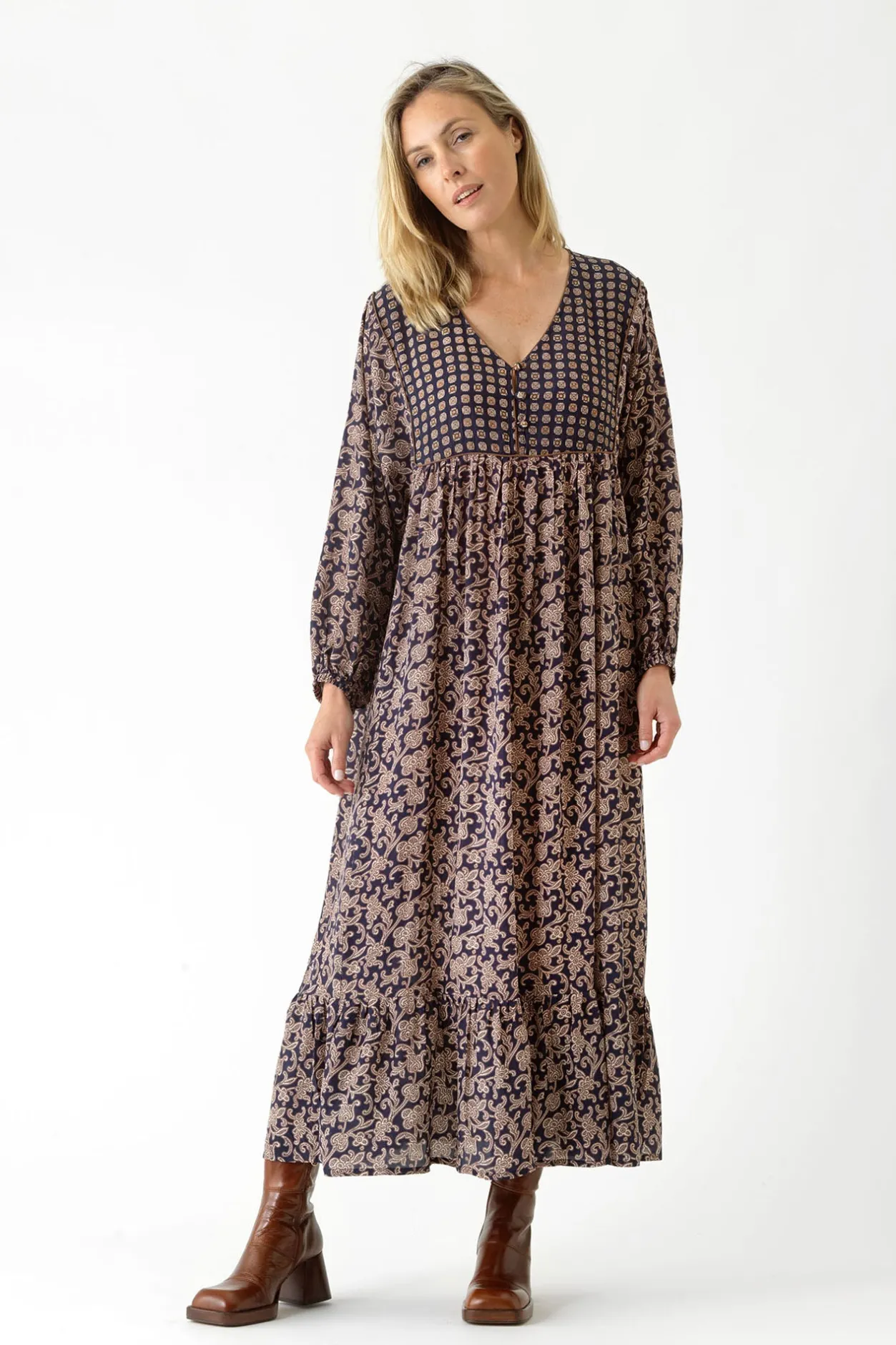 Women One Hundred Stars Floral Paisley Blue Boho Dress