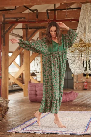 Women One Hundred Stars Floral Paisley Green Boho Dress