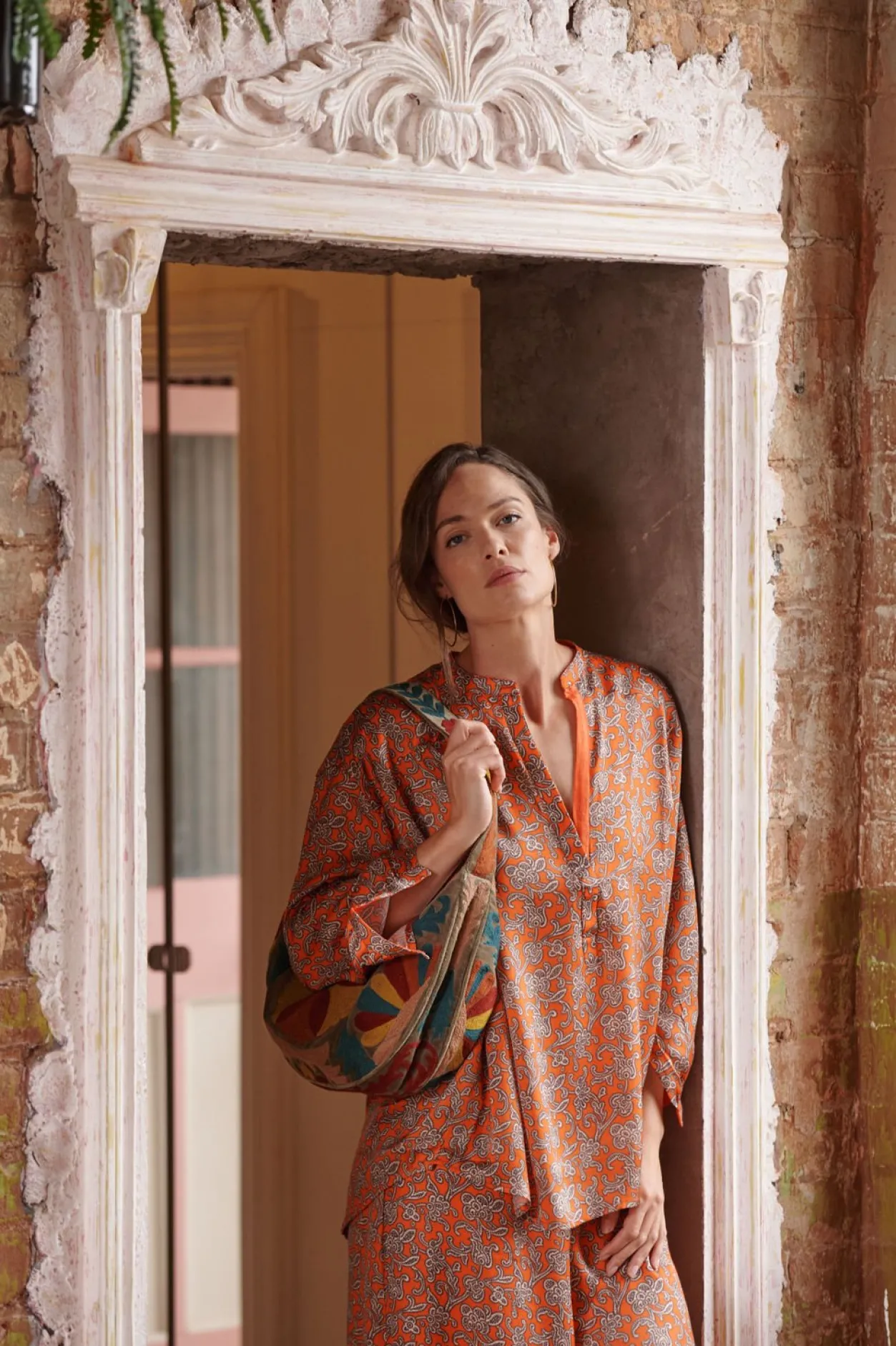 Women One Hundred Stars Floral Paisley Orange Darcy Shirt