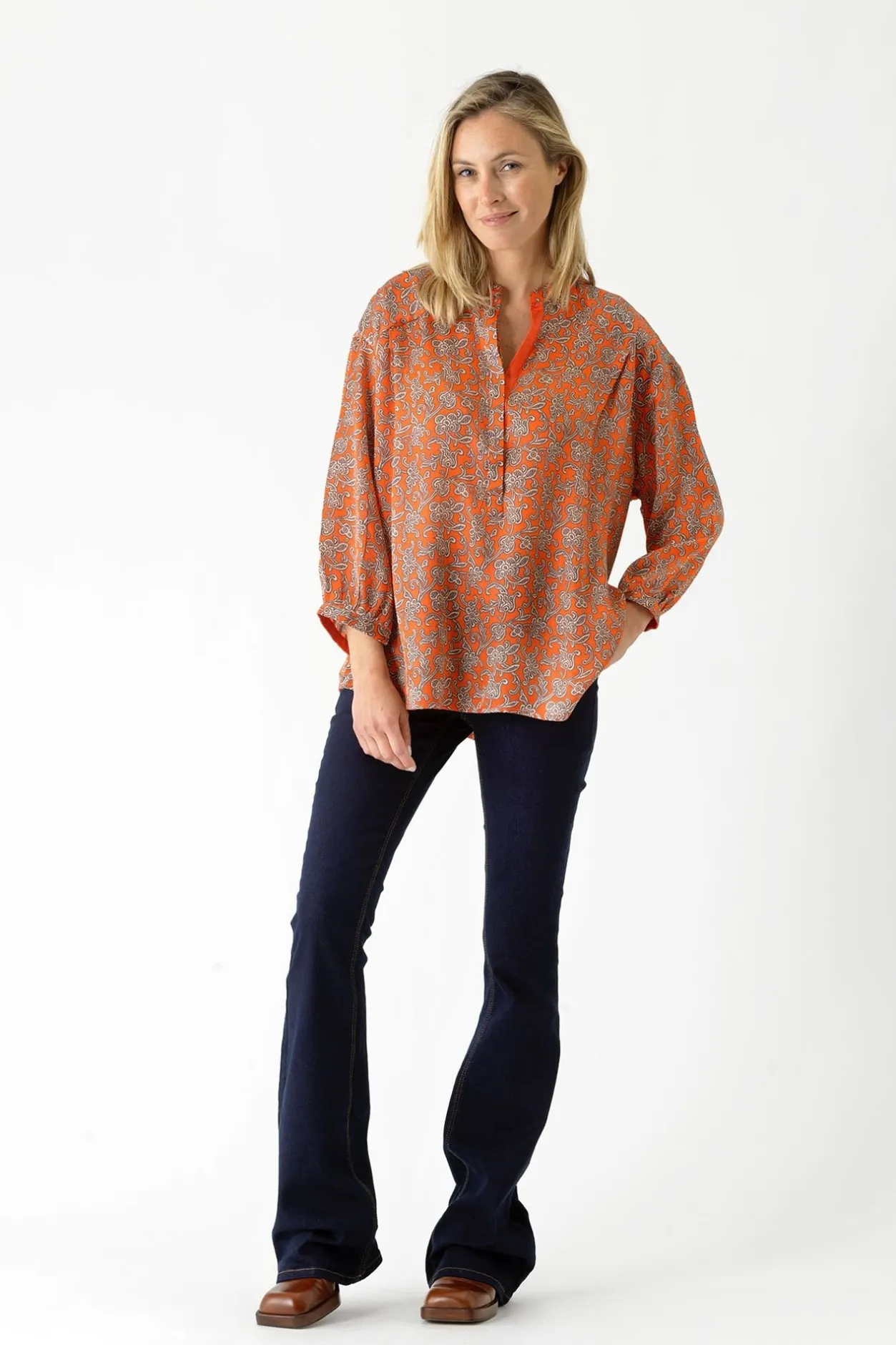 Women One Hundred Stars Floral Paisley Orange Darcy Shirt