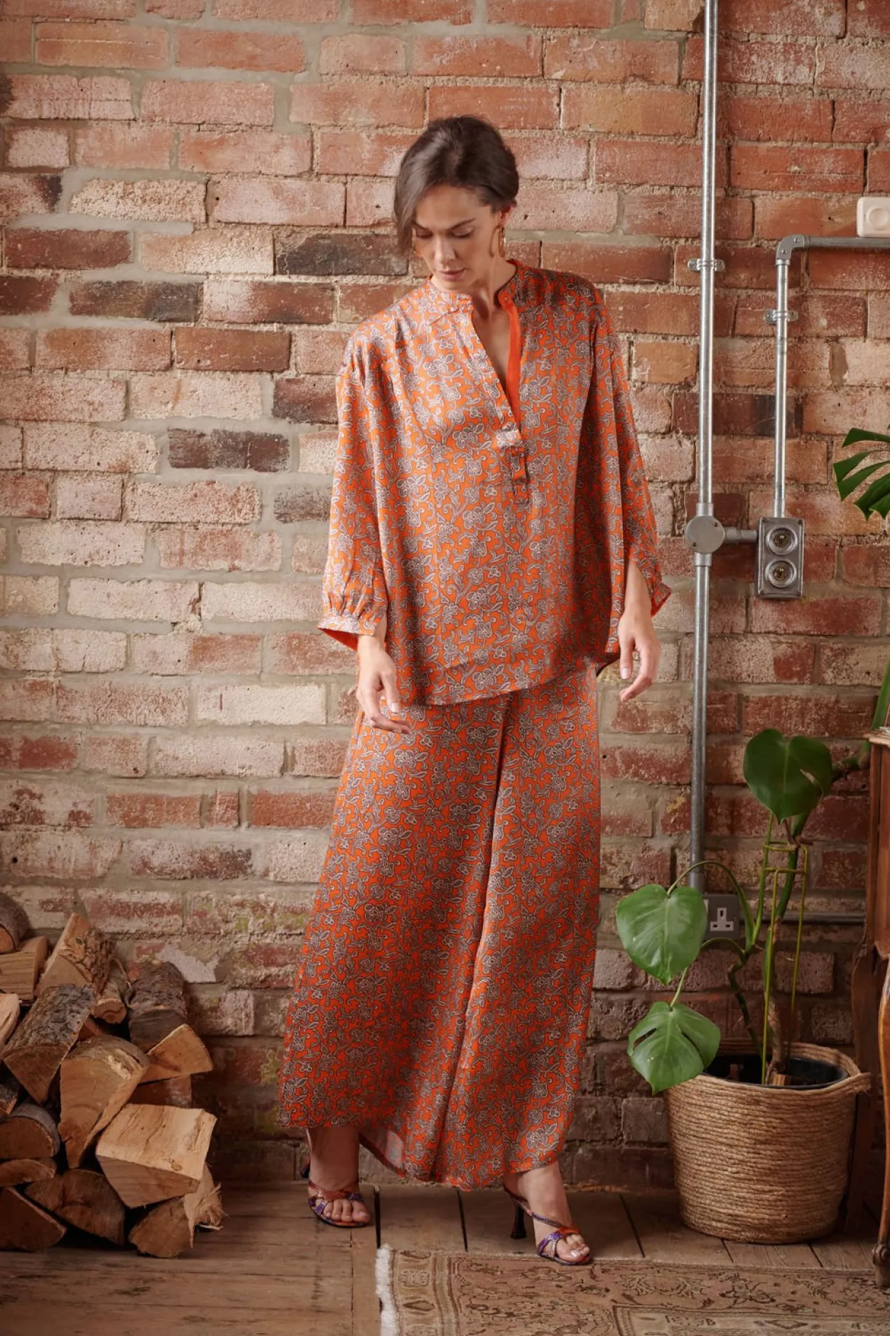 Women One Hundred Stars Floral Paisley Orange Palazzo Pant