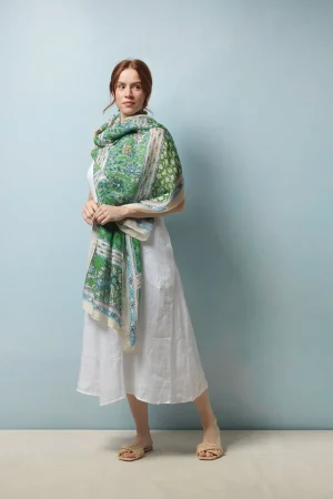 One Hundred Stars Folk Flowers Green Scarf