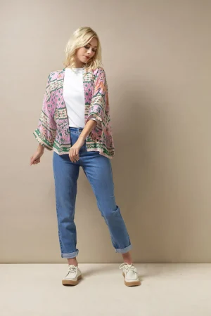 Women One Hundred Stars Folk Flowers Pink Kimono