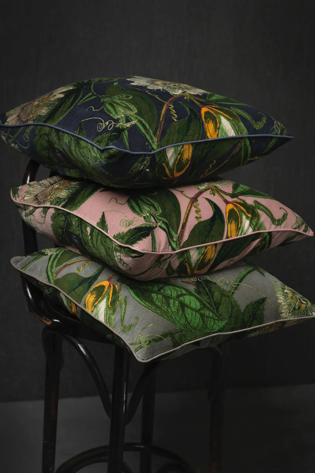 One Hundred Stars Kew Passion Flower Grey Velvet Square Cushion