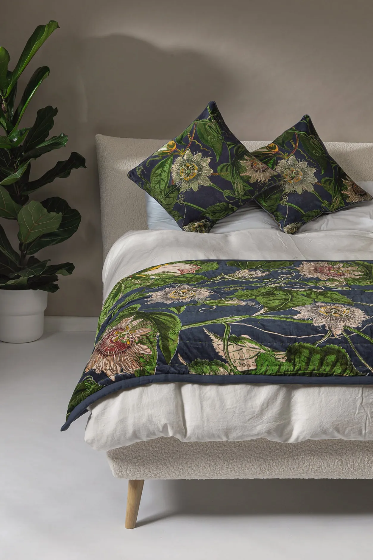 One Hundred Stars Kew Passion Flower Grey Velvet Throw