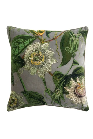 One Hundred Stars Kew Passion Flower Stone Velvet Square Cushion