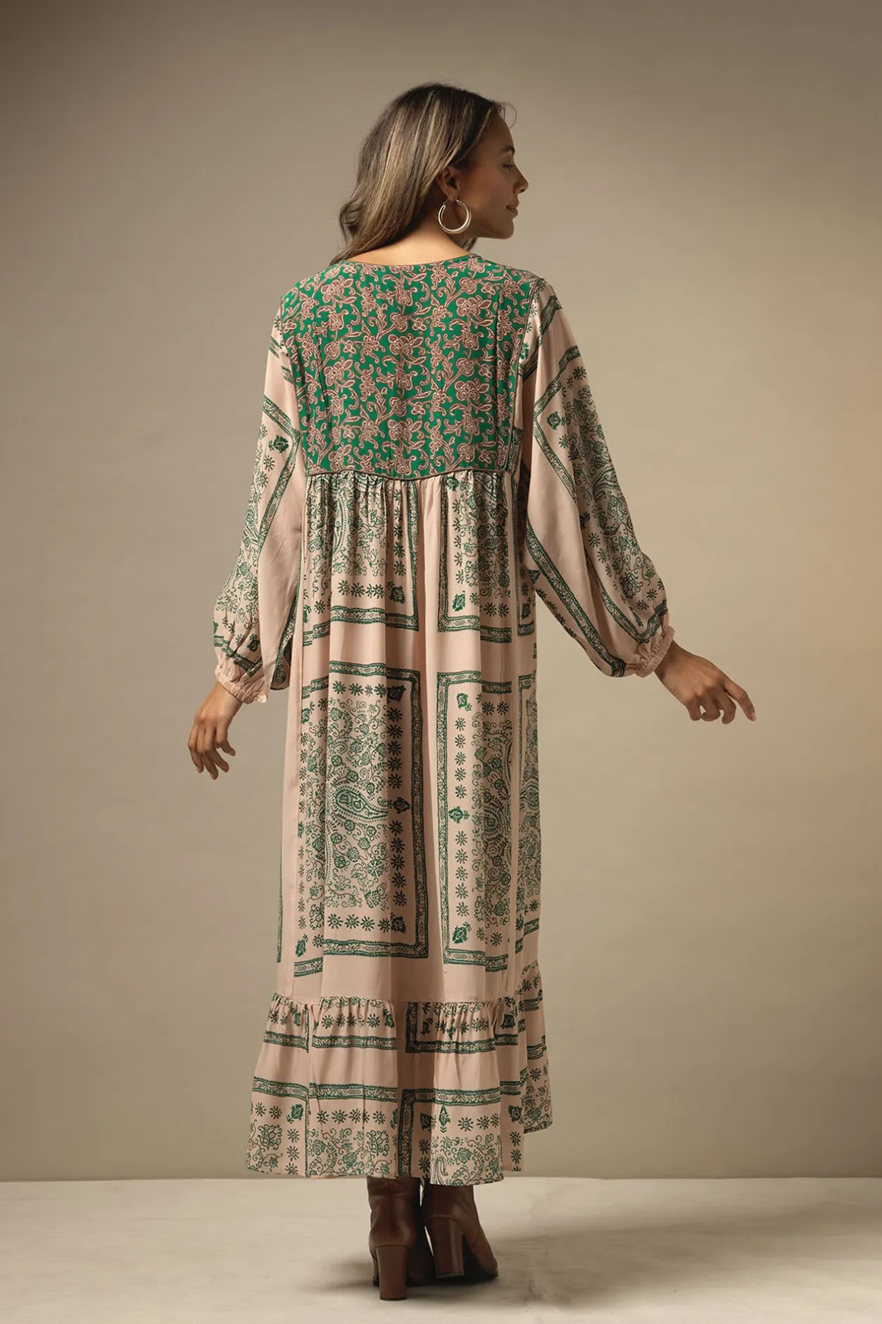 Women One Hundred Stars Mehndi Green Boho Dress