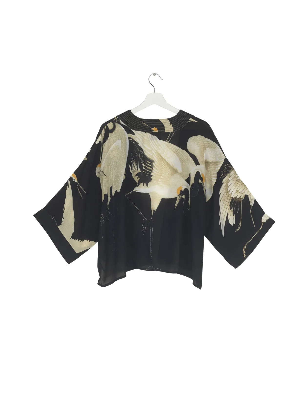 Women One Hundred Stars Stork Black Crepe Kimono