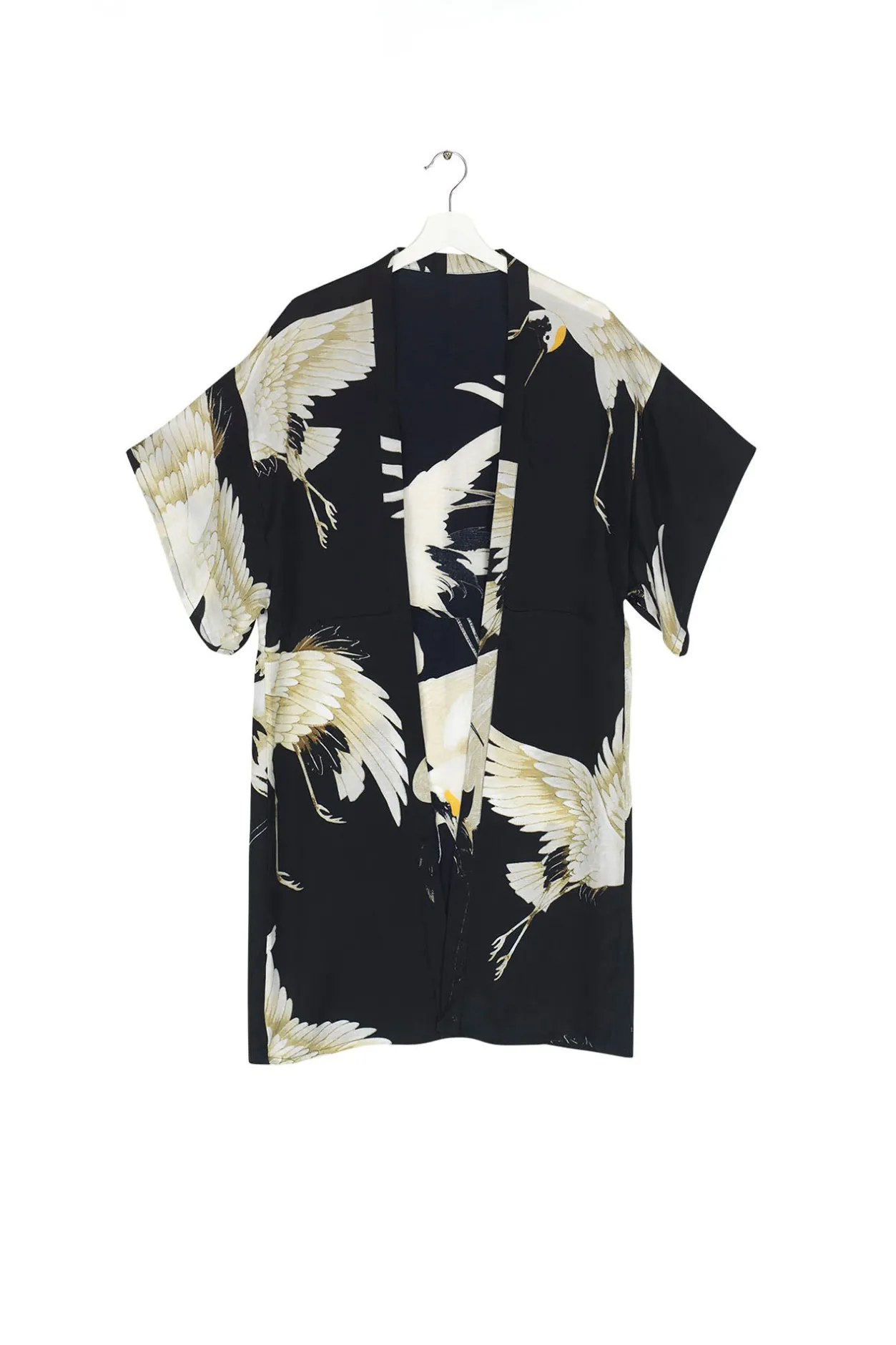 Women One Hundred Stars Stork Black Midi Kimono