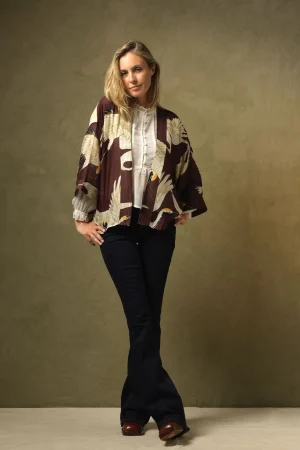 Women One Hundred Stars Stork Burgundy Kimono