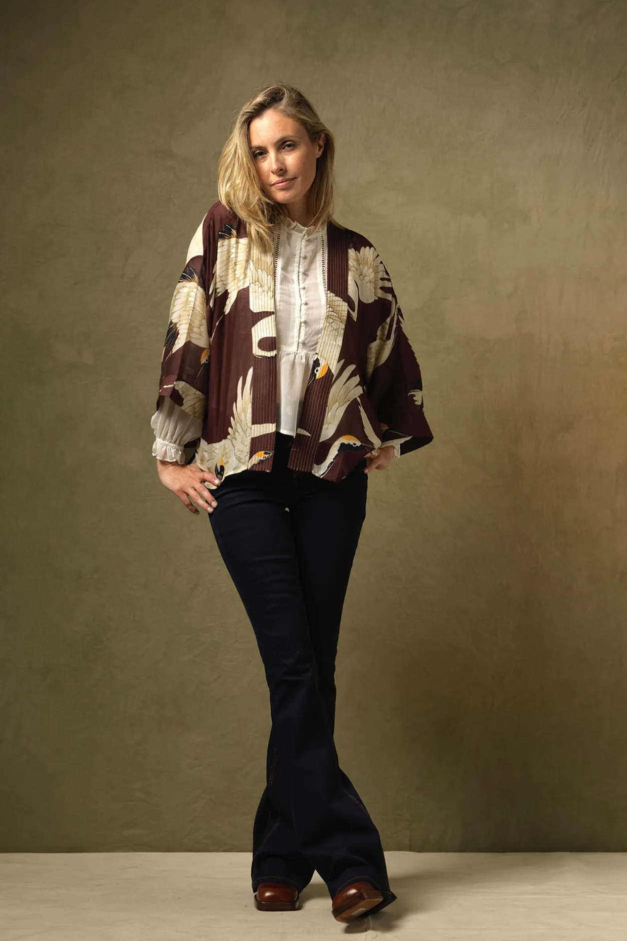 Women One Hundred Stars Stork Burgundy Kimono