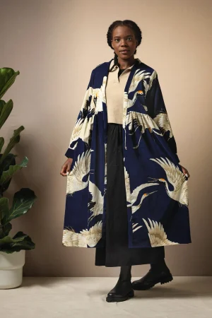 Women One Hundred Stars Stork Navy Velvet Duster Coat