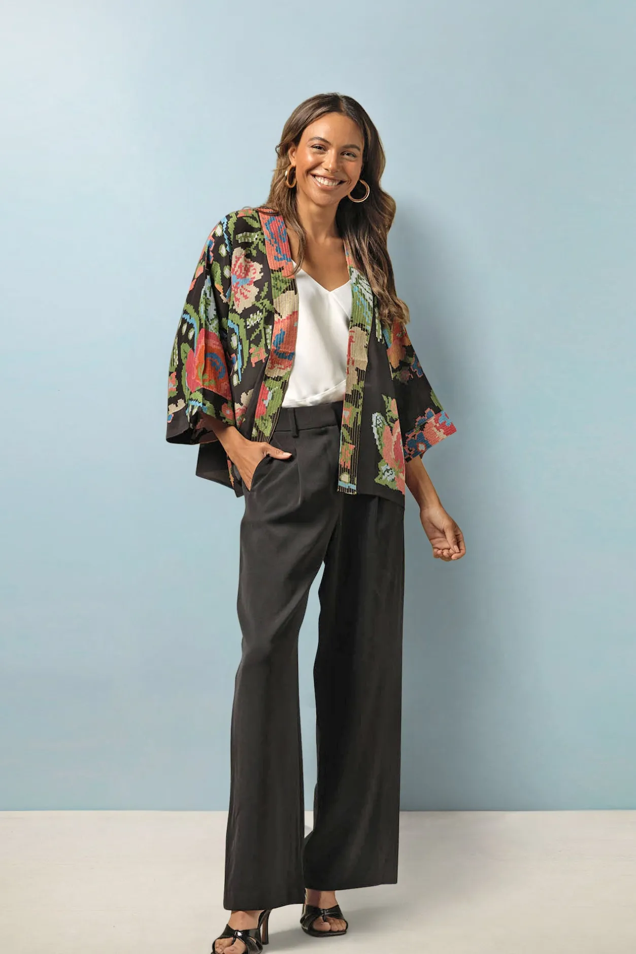 Women One Hundred Stars Woven Flower Black Crepe Kimono