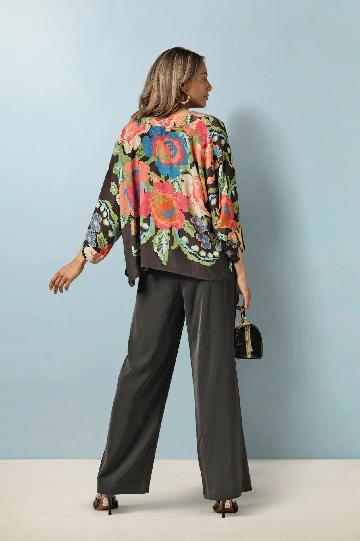 Women One Hundred Stars Woven Flower Black Crepe Kimono