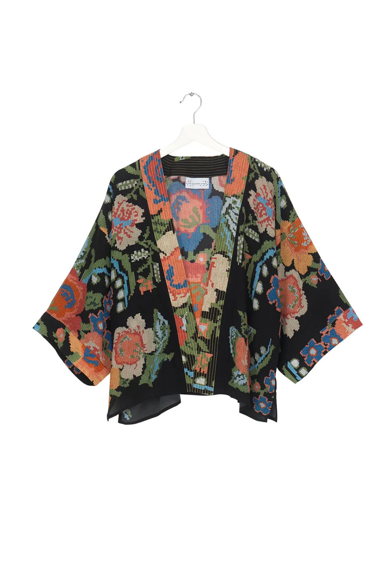 Women One Hundred Stars Woven Flower Black Crepe Kimono
